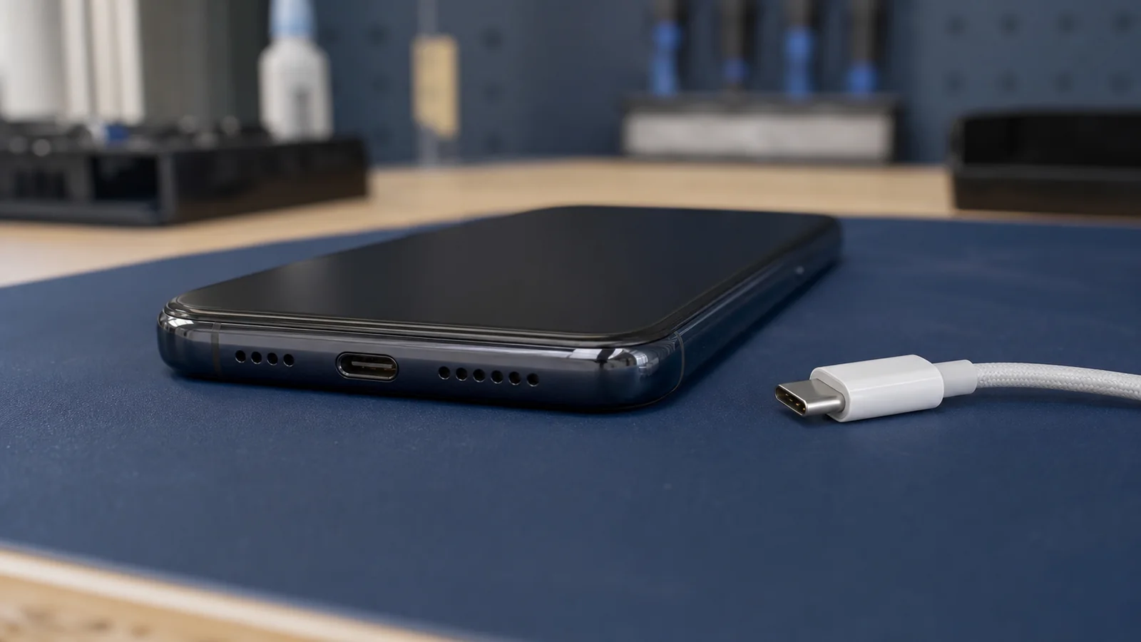 Disconnected USB-C charging cable beside a smartphone during an external charging-port check